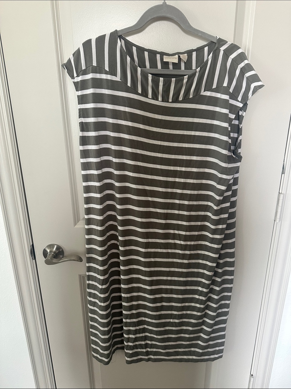 Chico's Gray and White Striped Midi Shift Dress